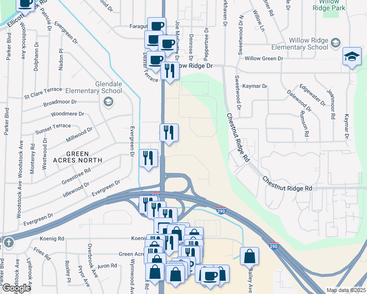 map of restaurants, bars, coffee shops, grocery stores, and more near 50 Inn Keepers Lane in Buffalo