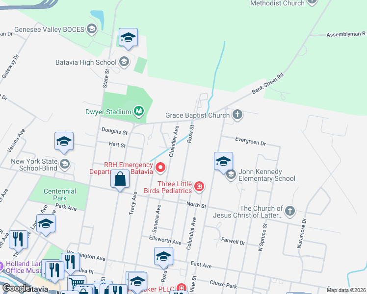map of restaurants, bars, coffee shops, grocery stores, and more near 250 Ross Street in Batavia