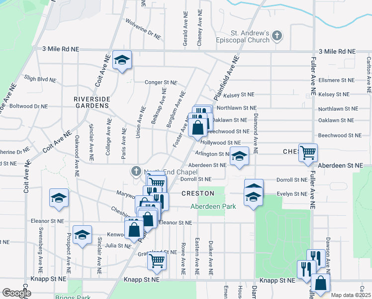 map of restaurants, bars, coffee shops, grocery stores, and more near 2351 Plainfield Avenue Northeast in Grand Rapids