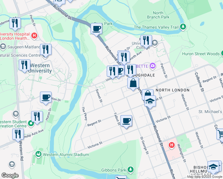 map of restaurants, bars, coffee shops, grocery stores, and more near 158 Broughdale Avenue in London