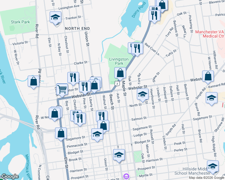 map of restaurants, bars, coffee shops, grocery stores, and more near 0 Hooksett Road in Manchester