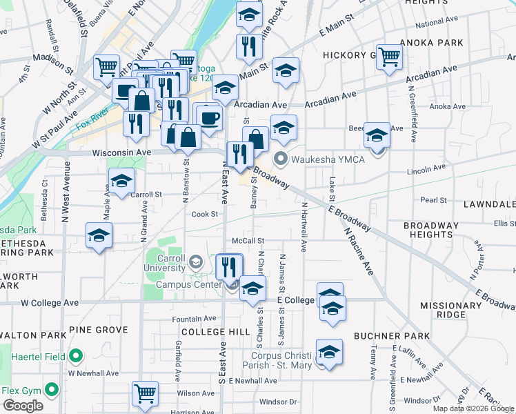 map of restaurants, bars, coffee shops, grocery stores, and more near 309 East Broadway in Waukesha