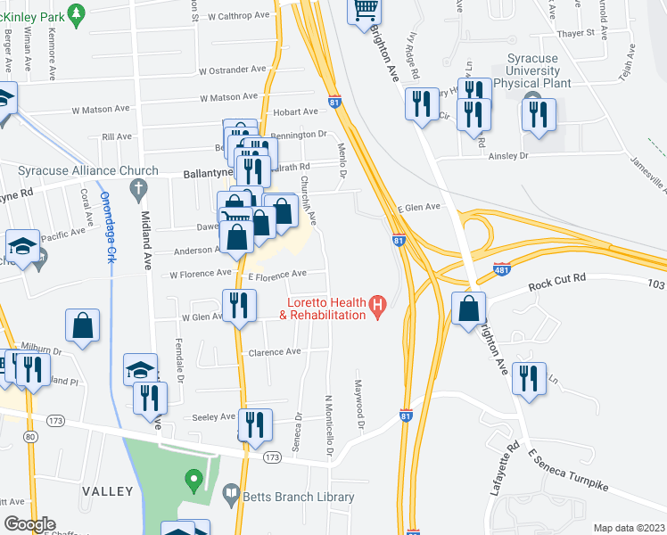 map of restaurants, bars, coffee shops, grocery stores, and more near 111 Springbrook Avenue in Syracuse