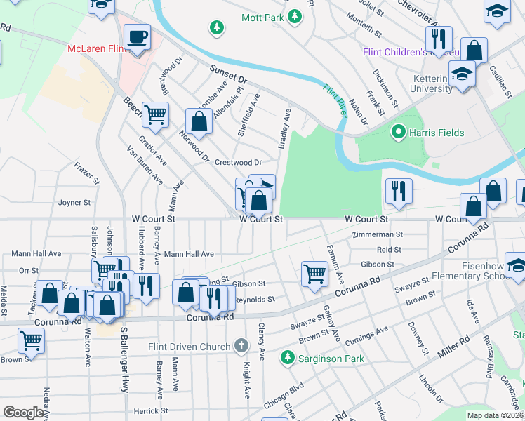 map of restaurants, bars, coffee shops, grocery stores, and more near 2710 West Court Street in Flint