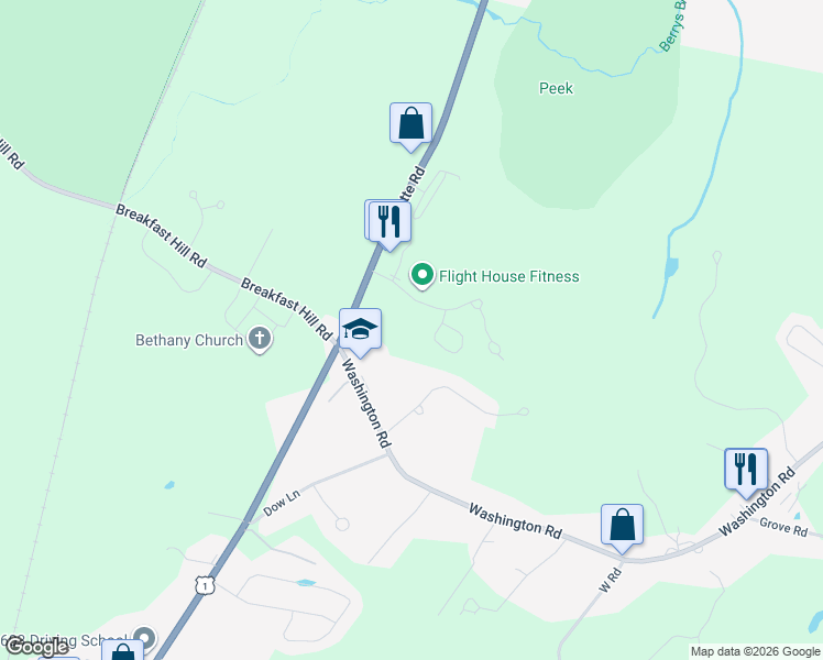 map of restaurants, bars, coffee shops, grocery stores, and more near Airfield Road in Rye