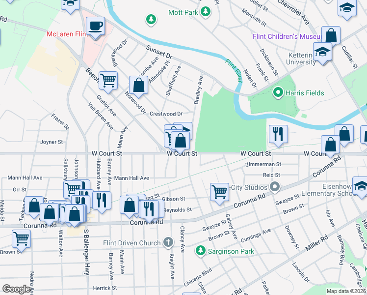 map of restaurants, bars, coffee shops, grocery stores, and more near 2710 West Court Street in Flint