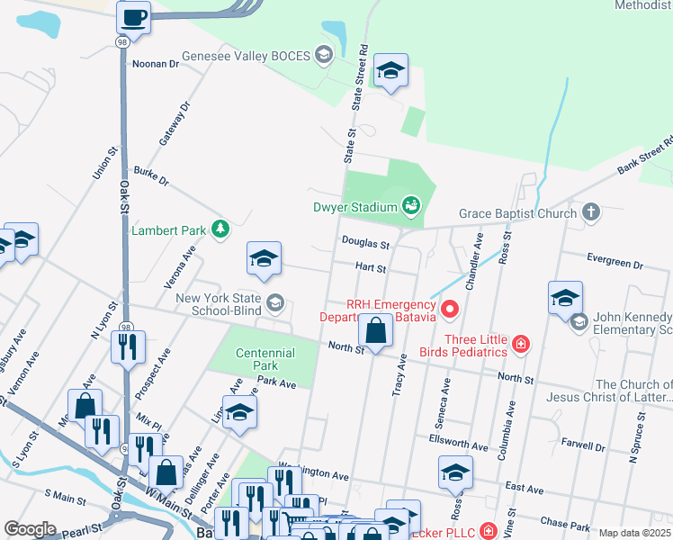 map of restaurants, bars, coffee shops, grocery stores, and more near 1 Douglas Street in Batavia