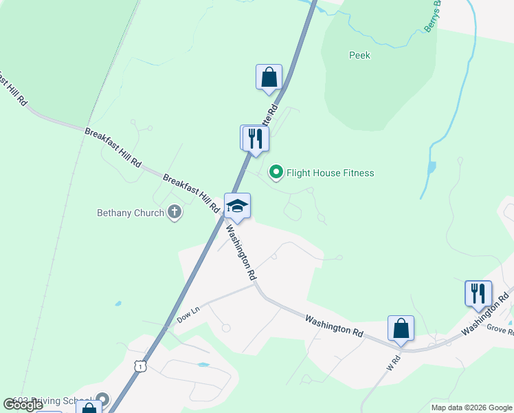 map of restaurants, bars, coffee shops, grocery stores, and more near Airfield Road in Rye