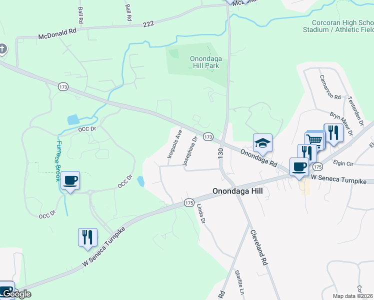 map of restaurants, bars, coffee shops, grocery stores, and more near 4877 Josephine Drive in Syracuse