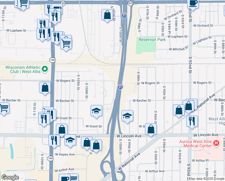 map of restaurants, bars, coffee shops, grocery stores, and more near 2054 South 102nd Street in West Allis