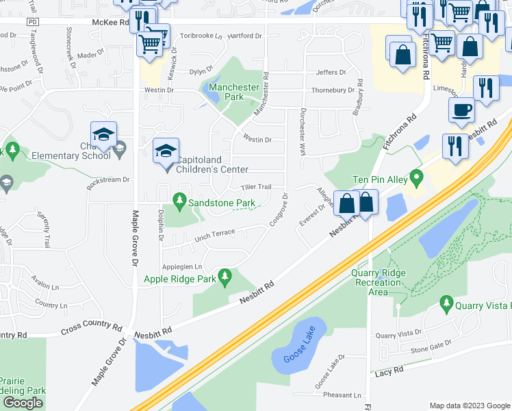 map of restaurants, bars, coffee shops, grocery stores, and more near 6233 Tiller Trail in Madison