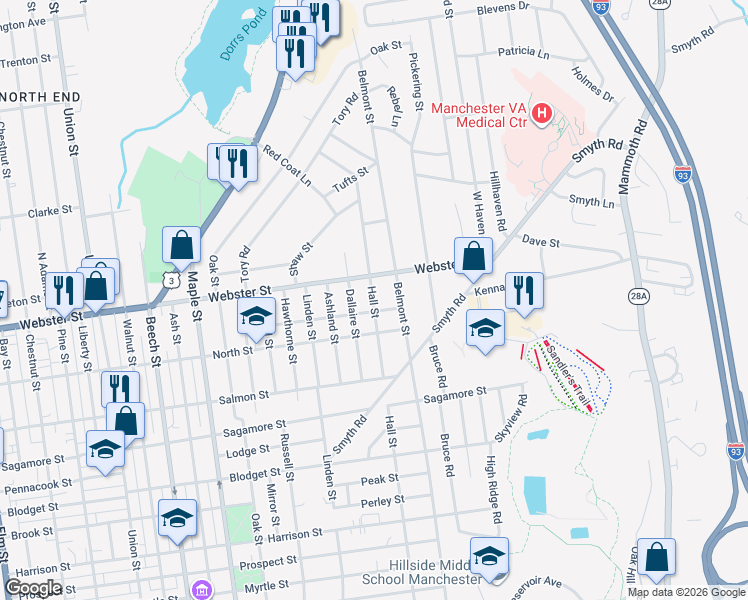 map of restaurants, bars, coffee shops, grocery stores, and more near in Manchester