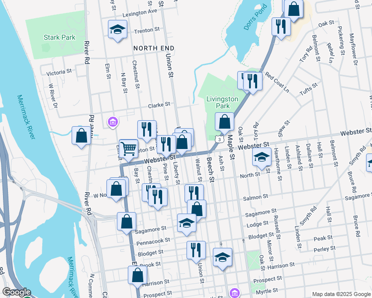 map of restaurants, bars, coffee shops, grocery stores, and more near 945 Union Street in Manchester