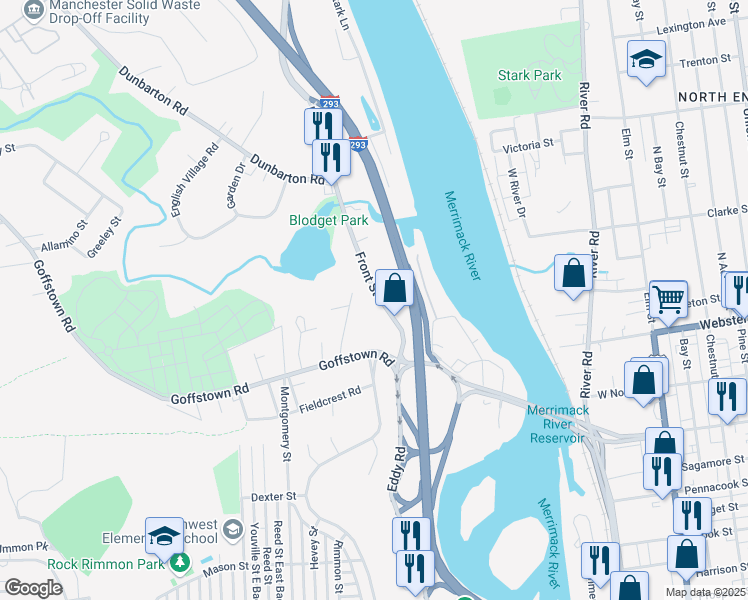 map of restaurants, bars, coffee shops, grocery stores, and more near 350 Front Street in Manchester