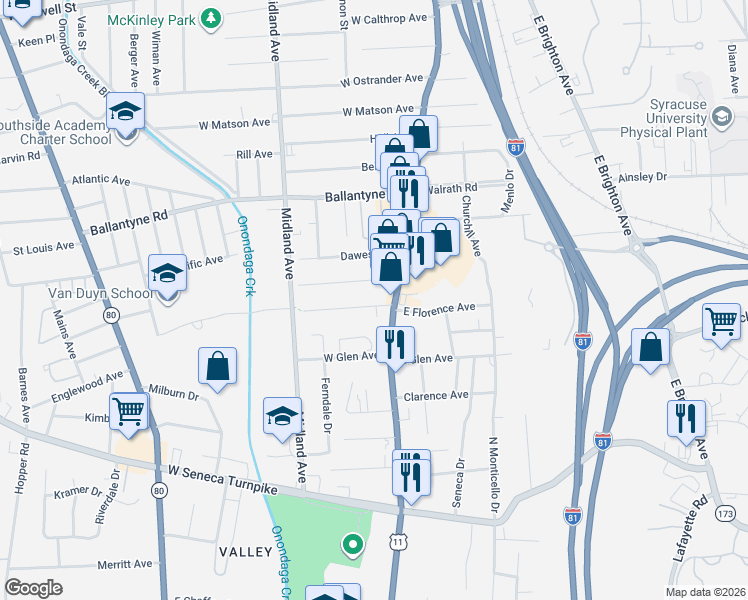 map of restaurants, bars, coffee shops, grocery stores, and more near 146 Anderson Avenue in Syracuse