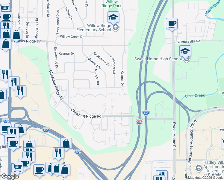map of restaurants, bars, coffee shops, grocery stores, and more near 159 Jeanmoor Road in Buffalo