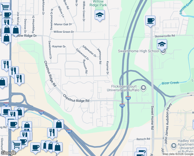 map of restaurants, bars, coffee shops, grocery stores, and more near 153 Dalewood Drive in Buffalo