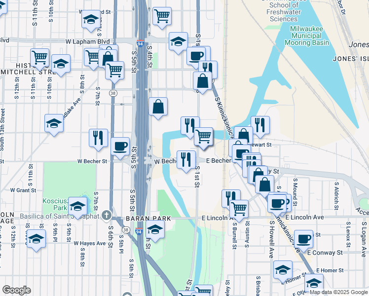 map of restaurants, bars, coffee shops, grocery stores, and more near 2000 S 1st St in Milwaukee