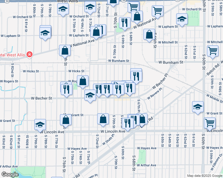 map of restaurants, bars, coffee shops, grocery stores, and more near 2005 South 70th Street in West Allis
