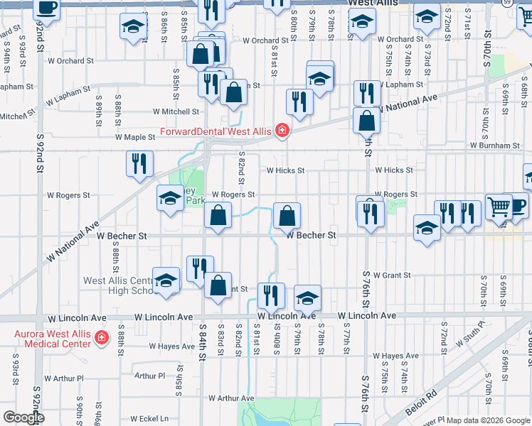 map of restaurants, bars, coffee shops, grocery stores, and more near 2003 South 81st Street in West Allis