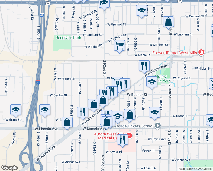 map of restaurants, bars, coffee shops, grocery stores, and more near 2003 South 92nd Street in West Allis
