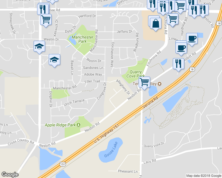 map of restaurants, bars, coffee shops, grocery stores, and more near 2821 Allegheny Drive in Madison