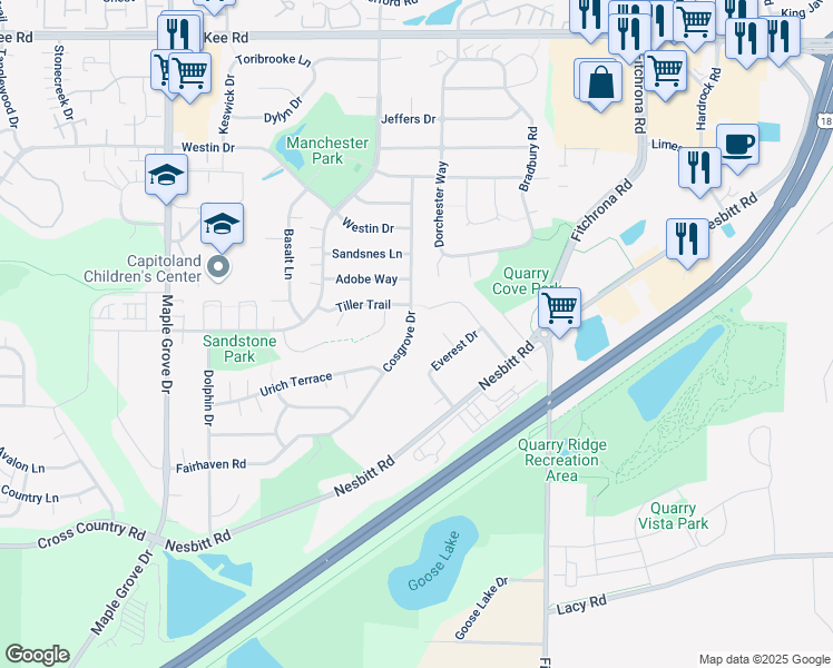 map of restaurants, bars, coffee shops, grocery stores, and more near 3802 Cosgrove Drive in Madison