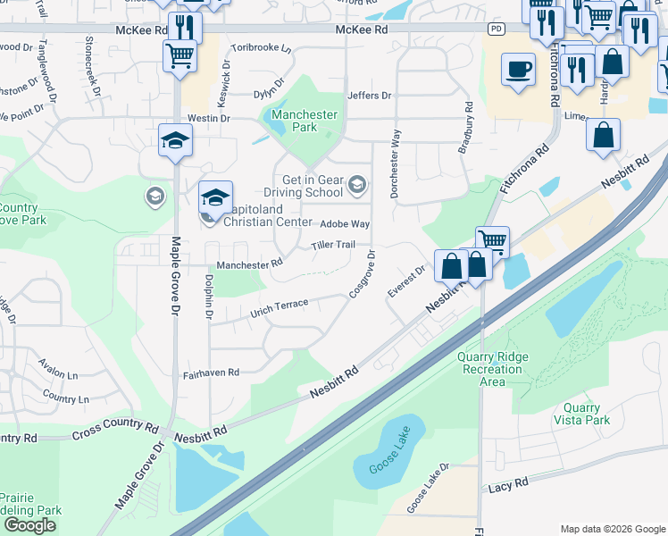 map of restaurants, bars, coffee shops, grocery stores, and more near 6233 Tiller Trail in Madison
