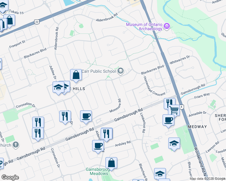 map of restaurants, bars, coffee shops, grocery stores, and more near 21 Monmore Road in London