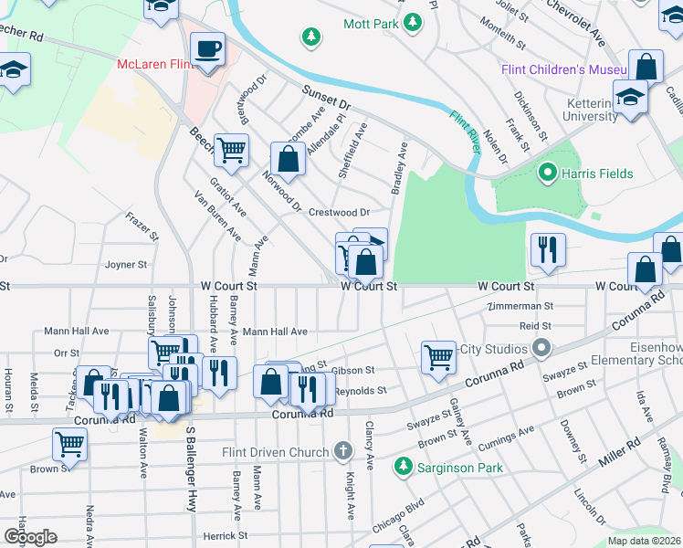 map of restaurants, bars, coffee shops, grocery stores, and more near 3030 Beecher Road in Flint