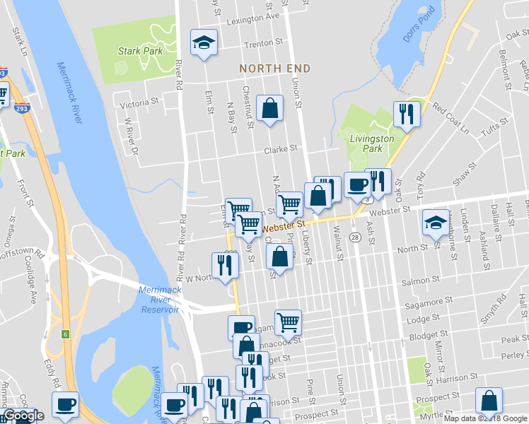 map of restaurants, bars, coffee shops, grocery stores, and more near 811 Chestnut Street in Manchester