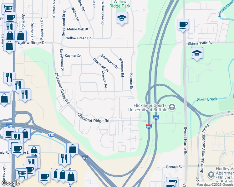 map of restaurants, bars, coffee shops, grocery stores, and more near 153 Dalewood Drive in Buffalo