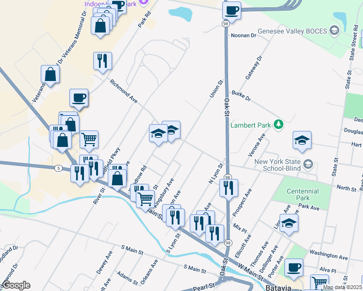 map of restaurants, bars, coffee shops, grocery stores, and more near 80 Union Street in Batavia