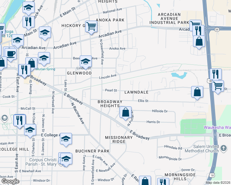 map of restaurants, bars, coffee shops, grocery stores, and more near 1115 Pearl Street in Waukesha