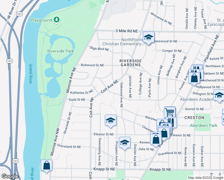 map of restaurants, bars, coffee shops, grocery stores, and more near 313 Comstock Boulevard Northeast in Grand Rapids