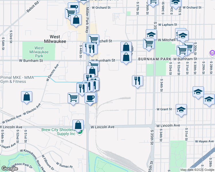 map of restaurants, bars, coffee shops, grocery stores, and more near 4101 West Burnham Street in West Milwaukee