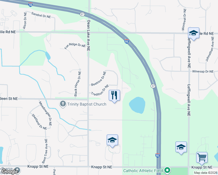map of restaurants, bars, coffee shops, grocery stores, and more near 2255 Tradition Drive Northeast in Grand Rapids