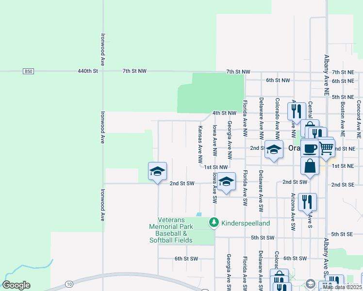 map of restaurants, bars, coffee shops, grocery stores, and more near 101-304 Kentucky Avenue Northwest in Orange City