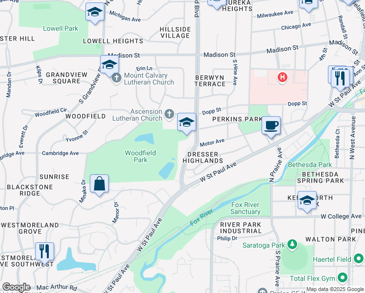 map of restaurants, bars, coffee shops, grocery stores, and more near 438 South Moreland Boulevard in Waukesha