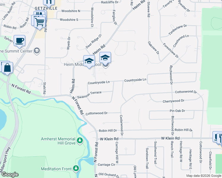 map of restaurants, bars, coffee shops, grocery stores, and more near 103 Countryside Lane in Buffalo