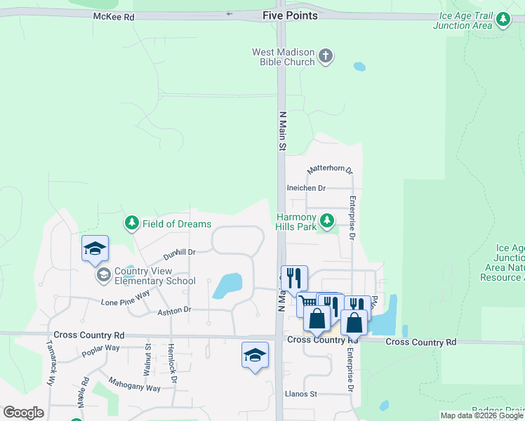 map of restaurants, bars, coffee shops, grocery stores, and more near 2803 North County Road M in Verona