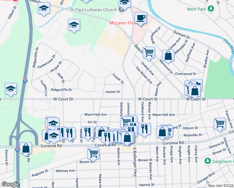 map of restaurants, bars, coffee shops, grocery stores, and more near 3820 Joyner Street in Flint