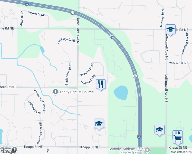 map of restaurants, bars, coffee shops, grocery stores, and more near 2255 Tradition Drive Northeast in Grand Rapids