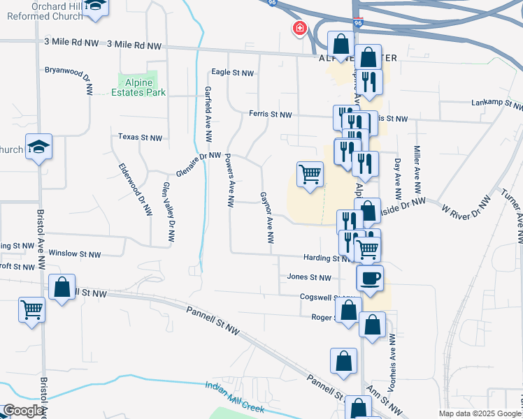 map of restaurants, bars, coffee shops, grocery stores, and more near 2429 Gaynor Avenue Northwest in Grand Rapids