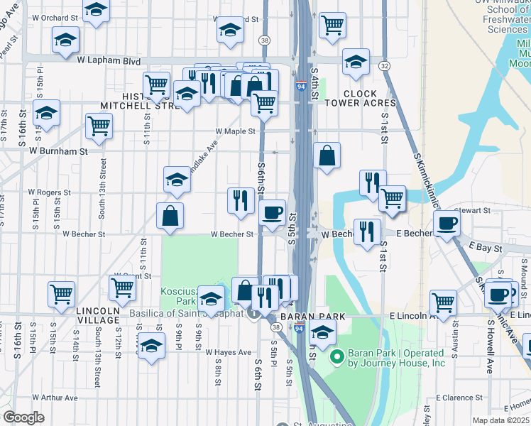 map of restaurants, bars, coffee shops, grocery stores, and more near 2005 South 5th Place in Milwaukee