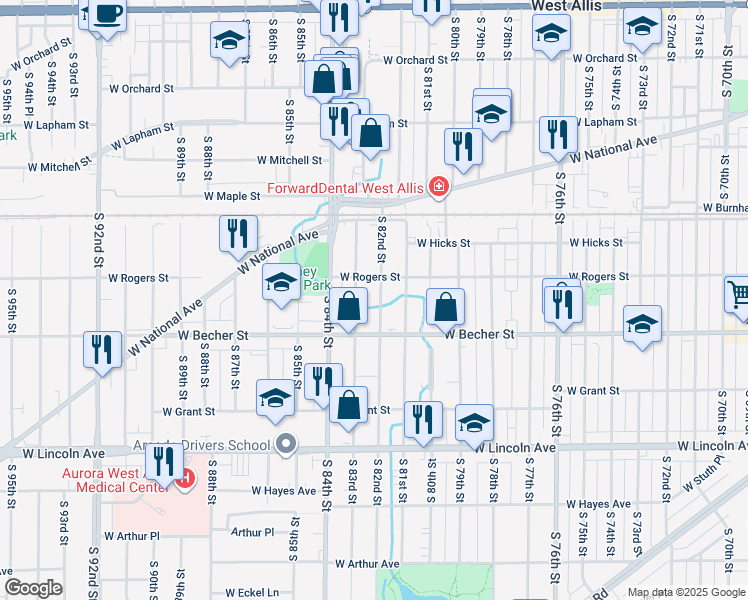 map of restaurants, bars, coffee shops, grocery stores, and more near 2001 South 82nd Street in West Allis