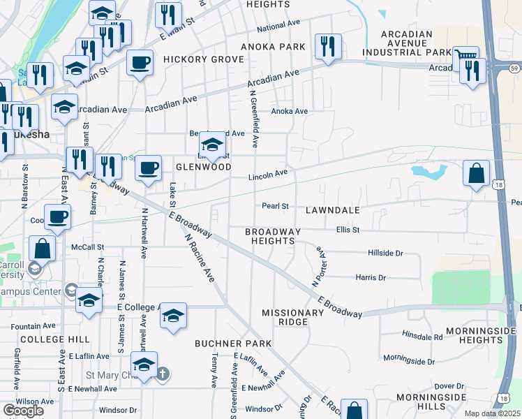 map of restaurants, bars, coffee shops, grocery stores, and more near 1000 Pearl Street in Waukesha