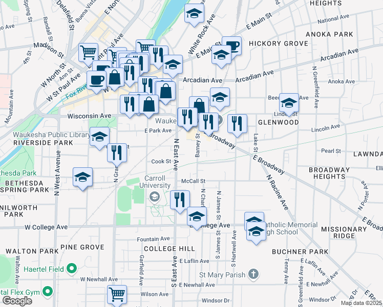 map of restaurants, bars, coffee shops, grocery stores, and more near 505 North East Avenue in Waukesha