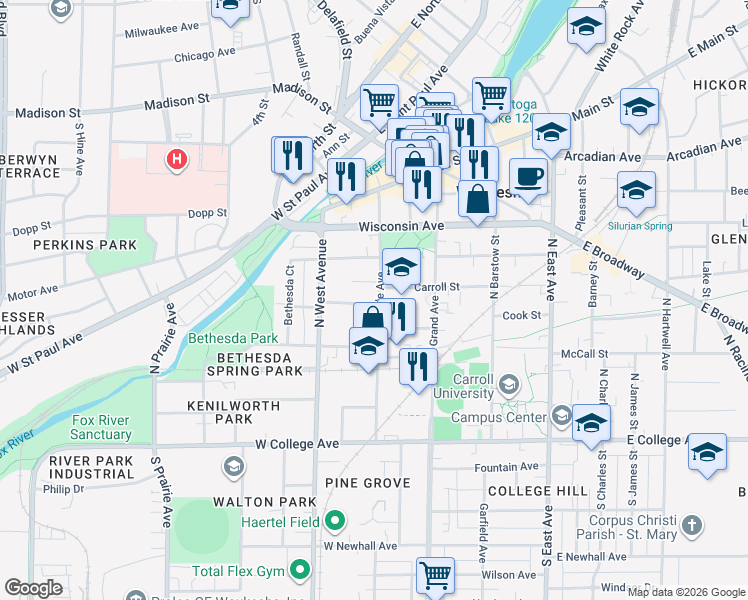 map of restaurants, bars, coffee shops, grocery stores, and more near 504 Maple Avenue in Waukesha