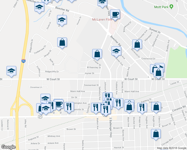 map of restaurants, bars, coffee shops, grocery stores, and more near 3901 Joyner Street in Flint